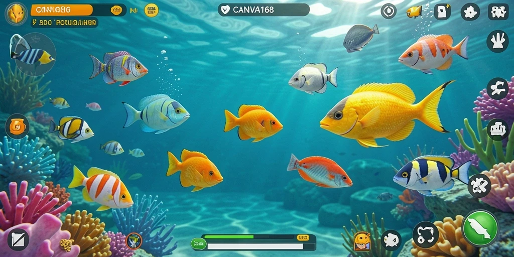 Tampilan screenshot menunjukkan aksi menembak ikan yang mengasyikkan di CANVA168.