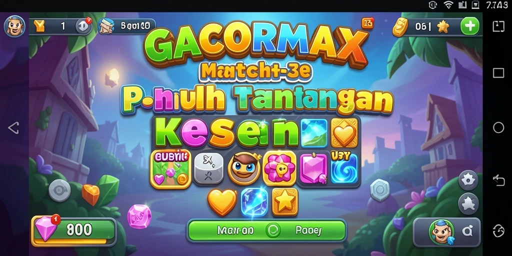 Screenshot GACORMAX menampilkan gameplay seru Match-3 yang penuh warna.