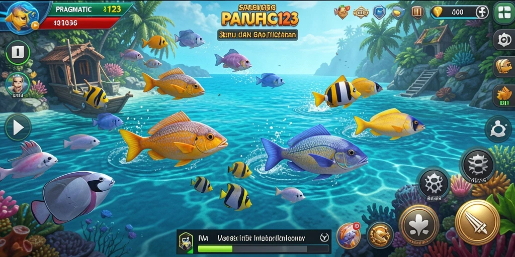 Screenshot gameplay PRAGMATIC123 dengan aksi menembak ikan yang seru.