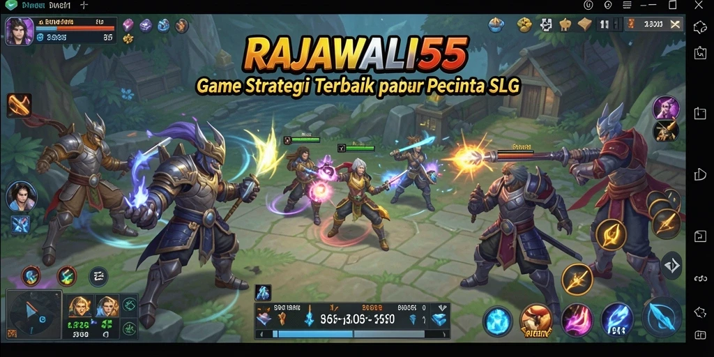Screenshot gameplay RAJAWALI55 menampilkan pertarungan strategis dan pembangunan kota.