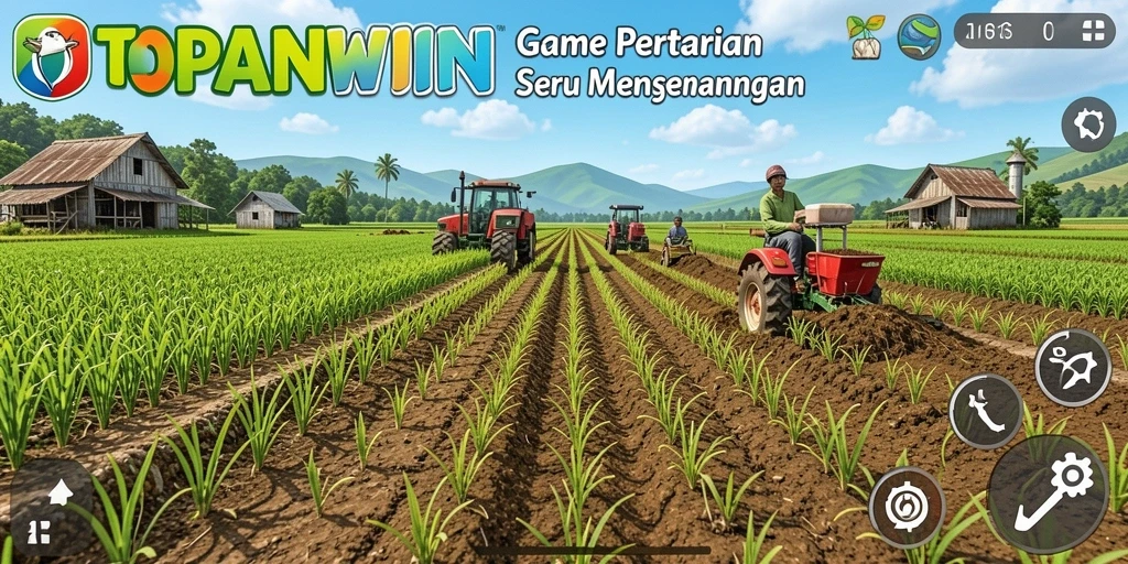 Tampilan gameplay <strong>TOPANWIN</strong> dengan aktivitas bertani yang seru dan interaksi sosial.