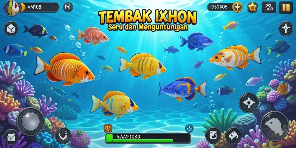 Tampilan gameplay seru dalam VM108, menembak ikan berwarna-warni.